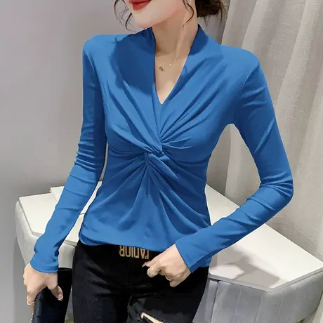 女装2024新款潮性感气质V领T恤内搭紧身打底衫女长袖扭结交叉上衣商品大图