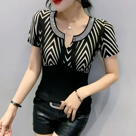 性感V领条纹拼色T恤女短袖洋气网纱拼接上衣欧货烫钻重工小衫半袖商品大图