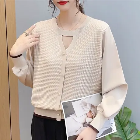 秋装2023年新款雪纺拼接针织衫早秋薄款长袖秋季宽松外穿毛衣洋气图片