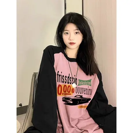 2023秋冬纯棉100%美式卡通长袖拼接t恤圆领正肩韩版潮流百搭上衣商品大图