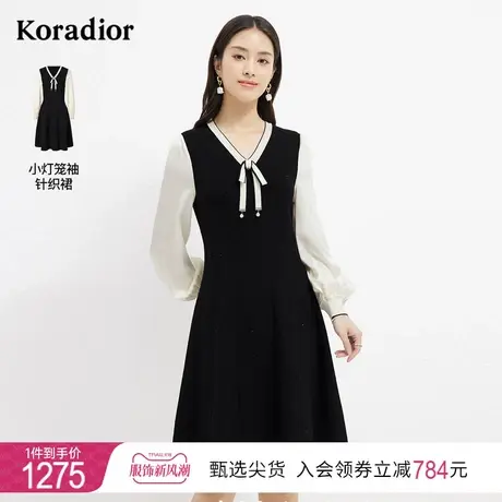 珂莱蒂尔女装长袖黑白拼接针织连衣裙女收腰v领裙子衬衫裙图片