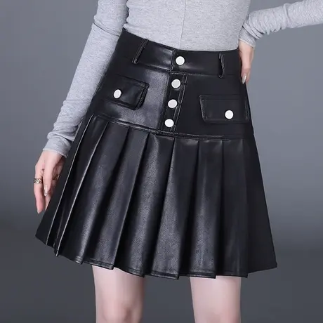 皮短裙女百褶裙春秋2023新款外穿打底半身裙高腰显瘦PU皮裙a字裙图片