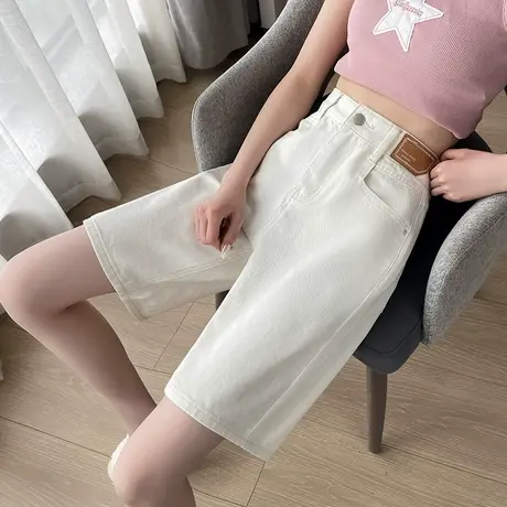 港味牛仔短裤女夏季薄款高腰宽松显瘦米白色直筒阔腿五分中裤子潮商品大图