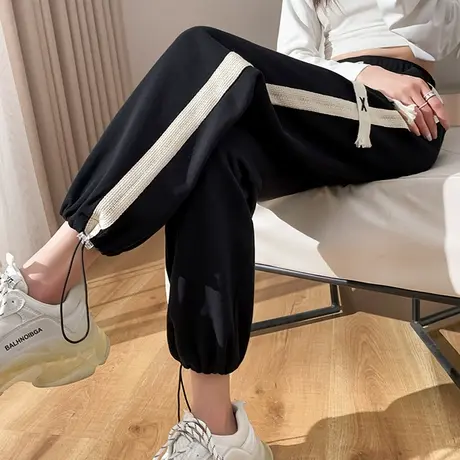 黑色运动裤女春秋2024新款高腰阔腿宽松显瘦百搭九分休闲两穿卫裤商品大图