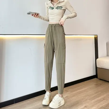 卡其色美式工装裤女2024年新款春秋高腰美式复古小个子休闲束脚裤图片