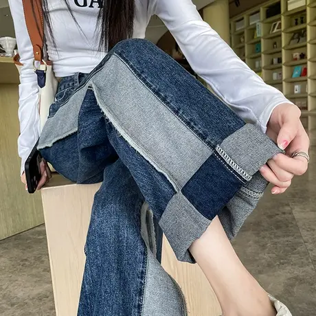 拼接阔腿牛仔裤女2024年春秋新款高腰直筒宽松ins小个子拖地长裤图片