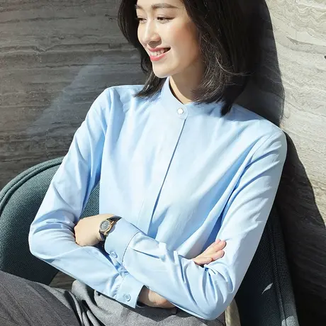 雀后蓝色衬衫女长袖秋装职业白衬衣立领抗皱OL工作服工装气质正装商品大图