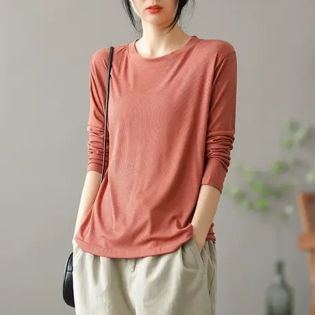 dza复古纯色宽松t恤女士2022新款长袖体恤百搭打底衫纯棉短款上衣商品大图