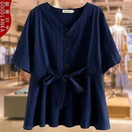 母亲节加大码中年妈妈夏装衬衣女宽松洋气V领提花纯棉短袖t恤上衣商品大图