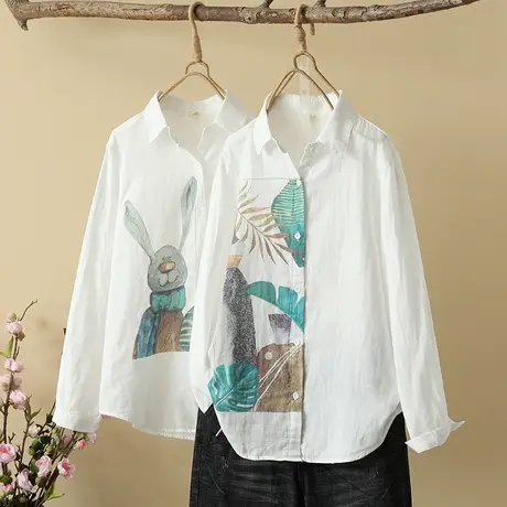 春秋新款韩版文艺宽松纯棉衬衫女长袖休闲上衣外套双层纱印花衬衣图片