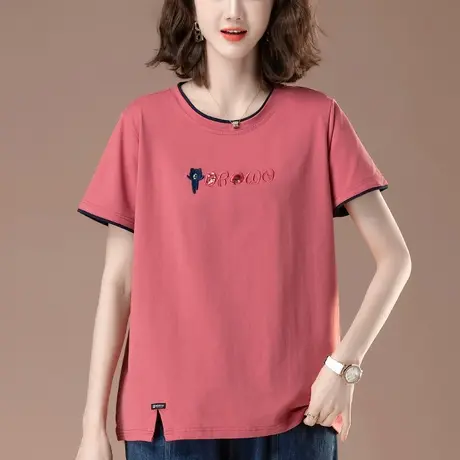 短袖t恤女夏季加肥加大码女装宽松中年妈妈纯棉刺绣休闲显瘦体恤商品大图