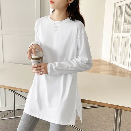纯棉宽松中长款遮屁股t恤女白色2022春秋显瘦打底衫叠穿内搭学生图片