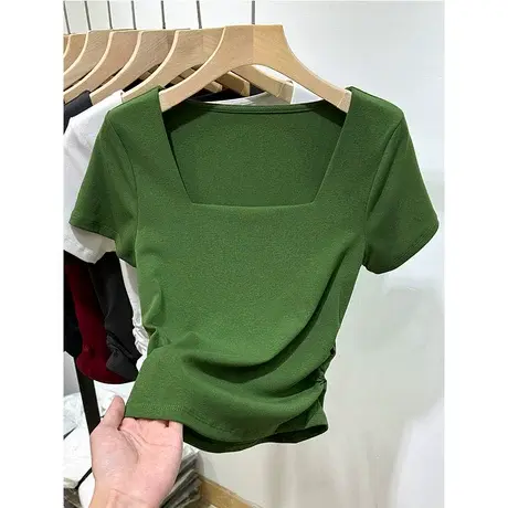 欧货设计感方领短袖T恤女2023新款夏季修身别致漂亮收腰小衫上衣图片