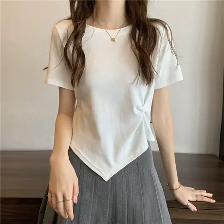 夏季设计感小众不规则正肩短袖t恤女ins潮别致修身显瘦纯欲上衣服商品大图