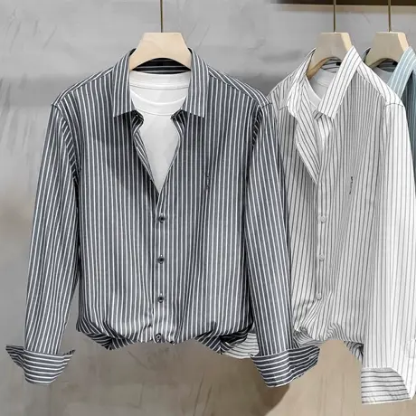 2023秋季新款条纹衬衫男士长袖修身免烫商务高端职业正装休闲衬衣商品大图