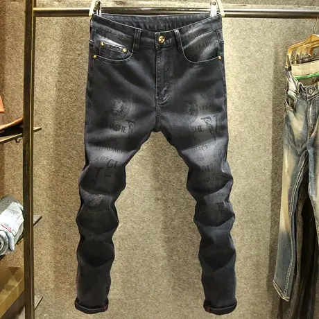 潮流印花牛仔裤男修身小脚弹力长裤潮牌图案烫印欧洲站裤子男厚款商品大图