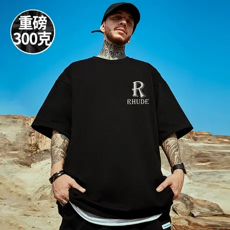 加肥加大夏季字母半袖纯棉t恤大码男装美式复古潮流宽松重磅短袖商品大图