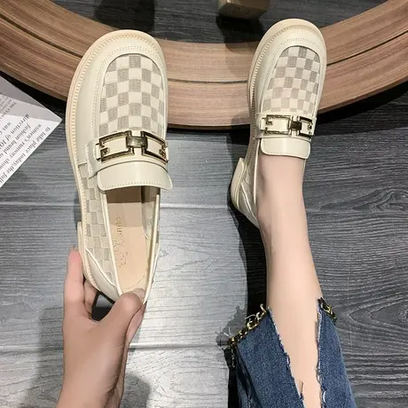 小皮鞋女夏季网纱透气2024年新款英伦风百搭平底黑色一脚蹬乐福鞋商品大图