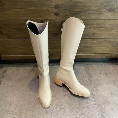 小个子长筒靴英伦风瘦瘦靴女2024秋冬季新款粗跟后拉链不过膝长靴商品大图