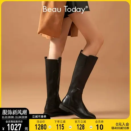 BeauToday黑色长筒靴女春季真皮骑士靴子英伦风BT平底不过膝长靴商品大图