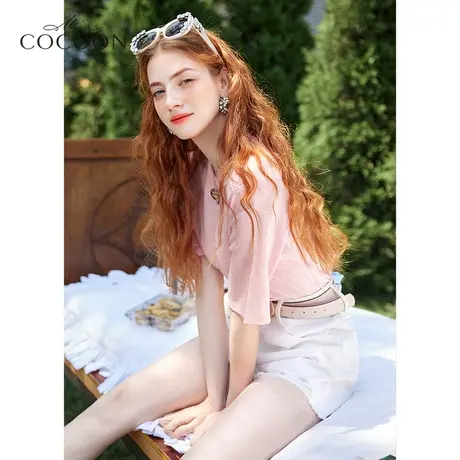 miss COCOON粉色短袖t恤女2023新款夏季甜美圆领设计感针织衫上衣图片
