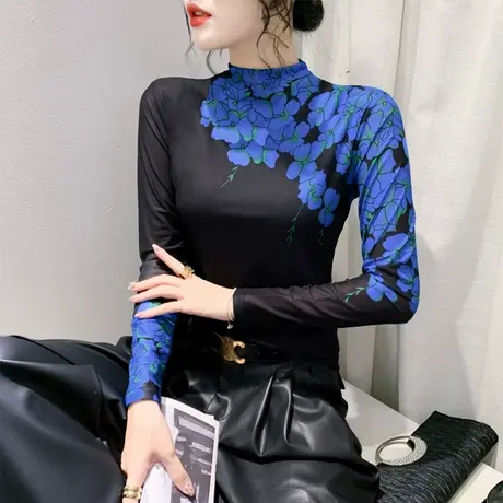 2023秋冬新款T恤网纱印花时尚气质复古减龄上衣女内塔修身打底衫商品大图