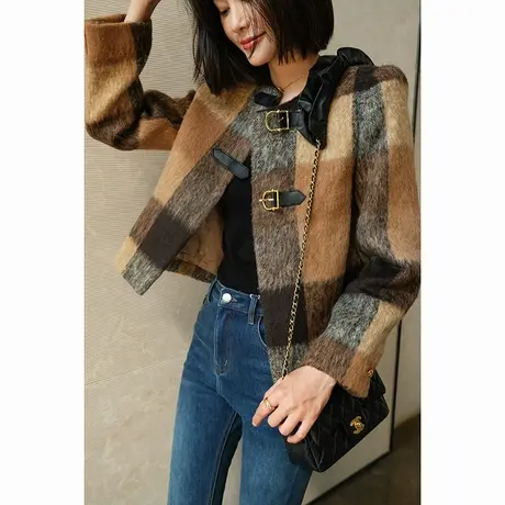 2023冬季新款女装小香风气质高级感格子拼皮羊毛女士短外套上衣女商品大图