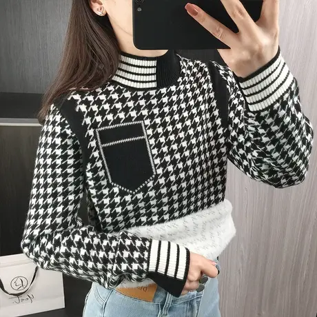 2023秋冬季新款加绒加厚打底衫宽松针织衫上衣内搭保暖一体绒毛衣图片