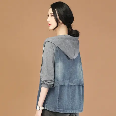 韩潮袭人假两件连帽牛仔短外套女2023秋装宽松显瘦长袖棒球服薄款图片