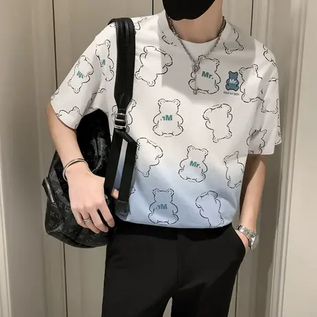 夏季男士t恤上衣短袖宽松半袖潮流印花体恤渐变花色小熊学生体恤商品大图