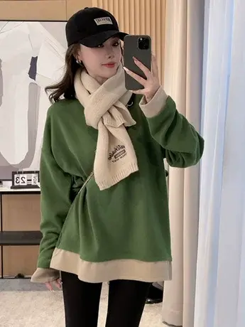 假两件圆领t恤卫衣打底衫秋冬加绒加厚德绒宽松内搭保暖长袖上衣商品大图