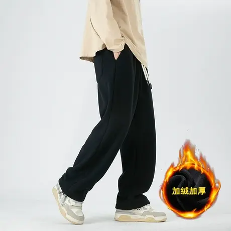 男士黑色加绒直筒裤男秋冬厚裤子男款华夫格卫裤运动裤加绒裤冬季商品大图