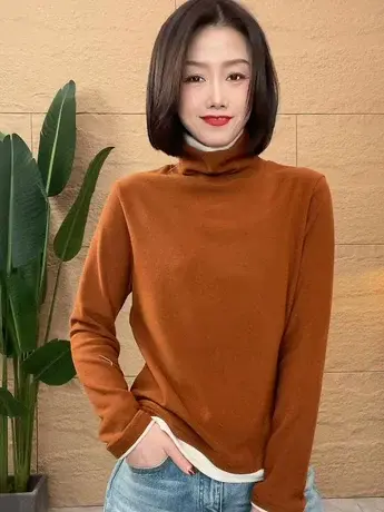 双面绒半高领长袖打底衫女保暖冬季新款遮肚子上衣时尚保暖小衫潮图片
