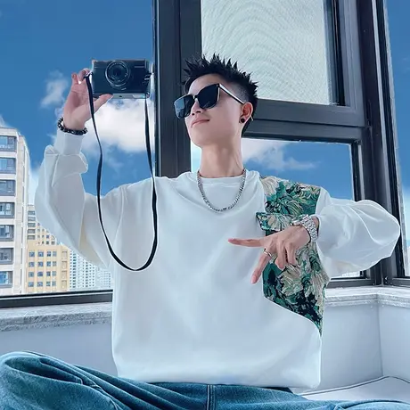 高级感男士卫衣潮ins秋季长袖T恤衫新款小众花色拼接宽松外套上衣商品大图