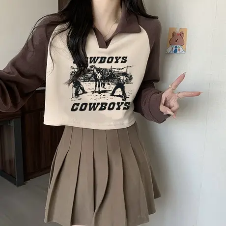 长袖卫衣女秋冬2023韩版新款洋气小个子短款印花polo领设计感外套图片