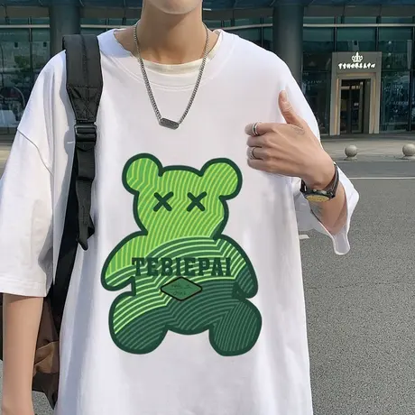 港风小熊短袖t恤男夏季2023新款高街纯棉宽松半袖上衣服潮牌体恤商品大图