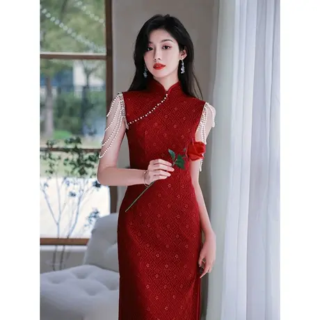 旗袍敬酒服新娘夏季酒红色结婚订婚回门礼服连衣裙女蕾丝肩流苏女商品大图