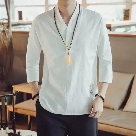 夏男七分袖T恤宽松棉麻上衣加肥加大码刺绣复古亚麻衣服休闲男装图片