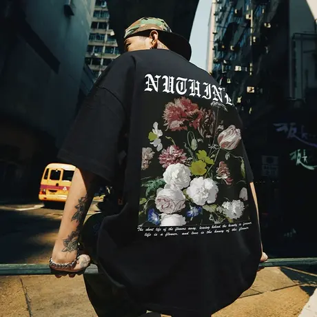 美式复古vintage玫瑰T恤男潮牌大码短袖男款潮流ins宽松夏季半袖商品大图