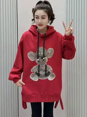 2024新款加绒加厚卡通印花连帽卫衣女士保暖时尚百搭宽松上衣外穿商品大图