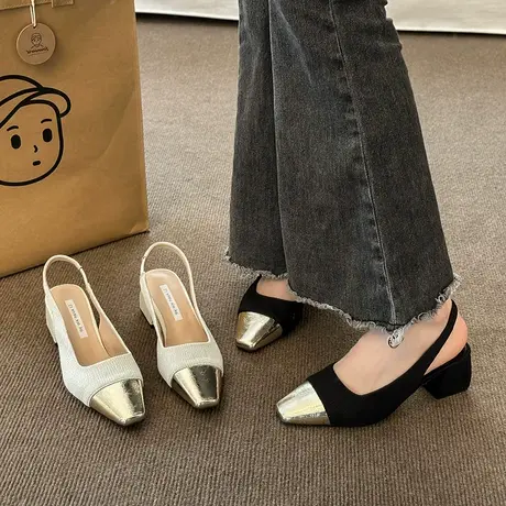 配裙子玛丽珍鞋小香风浅口粗跟凉鞋早春夏女鞋复古法式金头高跟鞋图片