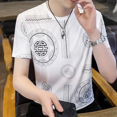 滑料冰丝短袖t恤男夏季薄款国潮牌宽松青少年速干半袖大码体恤ins商品大图