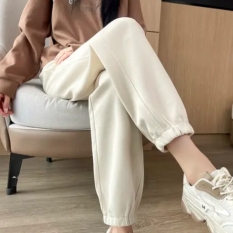 白色束脚运动裤女春秋新款小个子显高宽松显瘦九分哈伦裤高腰卫裤商品大图
