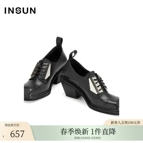 INSUN恩裳冬季方头粗厚跟皮鞋图片