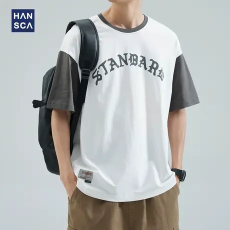 hansca 休闲圆领短袖t恤男夏季新款潮牌撞色宽松纯棉插肩袖上衣服商品大图