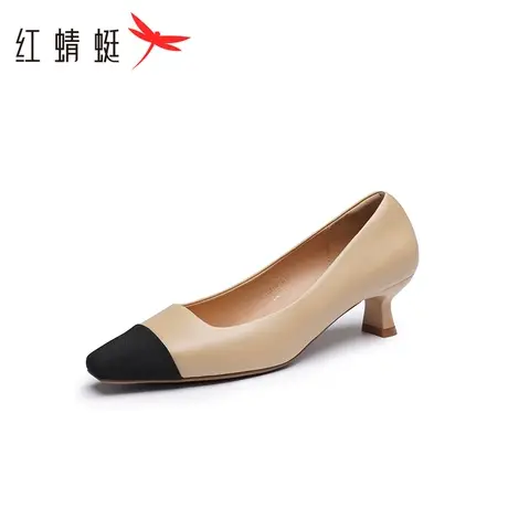 【小乐专属】红蜻蜓春秋新款女鞋尖头拼色小香风高跟鞋图片