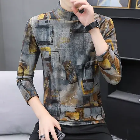 双面绒t恤男士长袖秋冬ins潮牌潮流半高领毛衣男打底小衫修身内搭商品大图