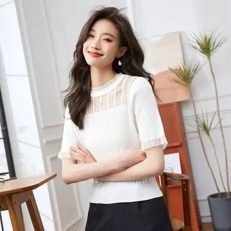 时尚蕾丝百搭圆领短袖针织衫女士2023年夏季新款短款上衣商品大图