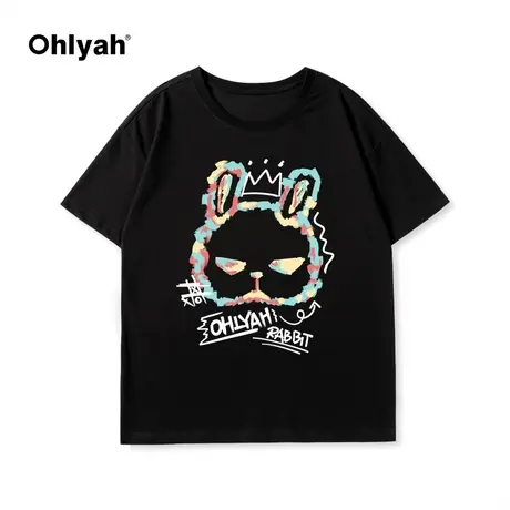 Ohlyah创意卡通兔子印花短袖女潮牌ins国潮宽松纯棉情侣同款t恤女图片
