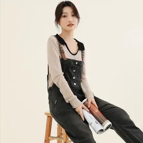 韩潮袭人复古高腰宽松直筒牛仔长裤女2023秋季新款休闲背带裤子商品大图